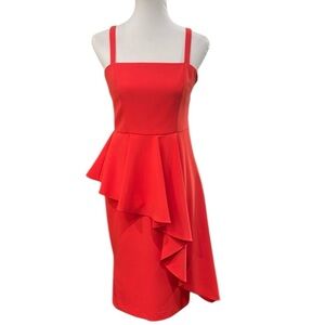 Milly Asymmetrical‎ Tiered Peplum Ruffle Dress Square Neckline SZ 4 Red Orange